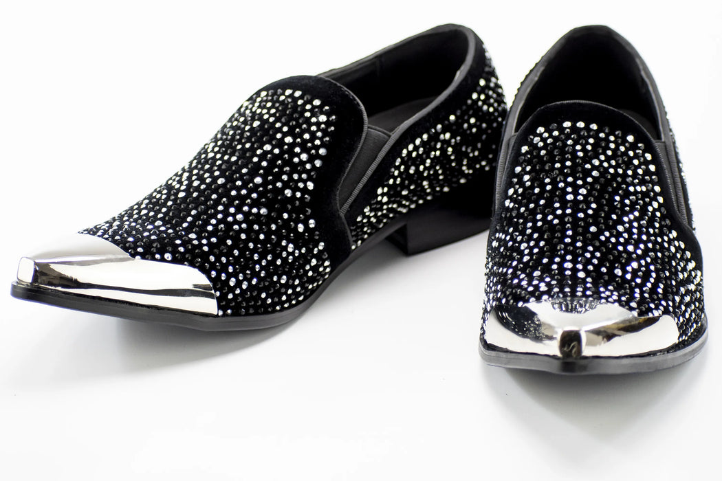 Black Velvet & Silver Jeweled Smoking Loafers With Metal Tip