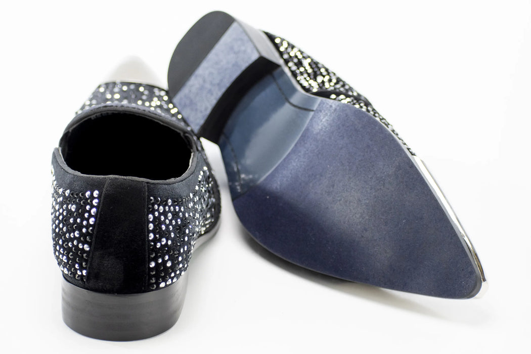 Black Velvet & Silver Jeweled Smoking Loafers With Metal Tip