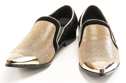 Men's Black And Gold Velvet Rhinestone Dress Shoe Metal Toe