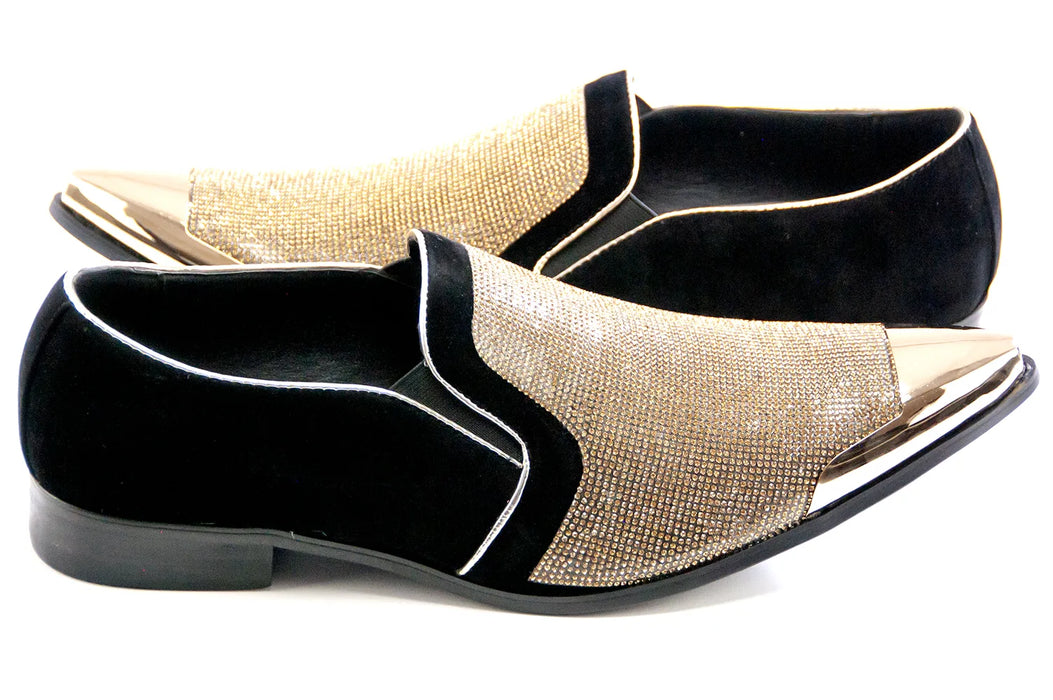 Men's Black And Gold Velvet Rhinestone Dress Shoe Metal Toe