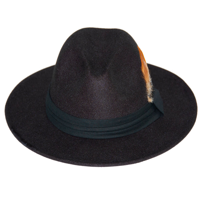 Wide Brim Black Fedora with Feather Plume