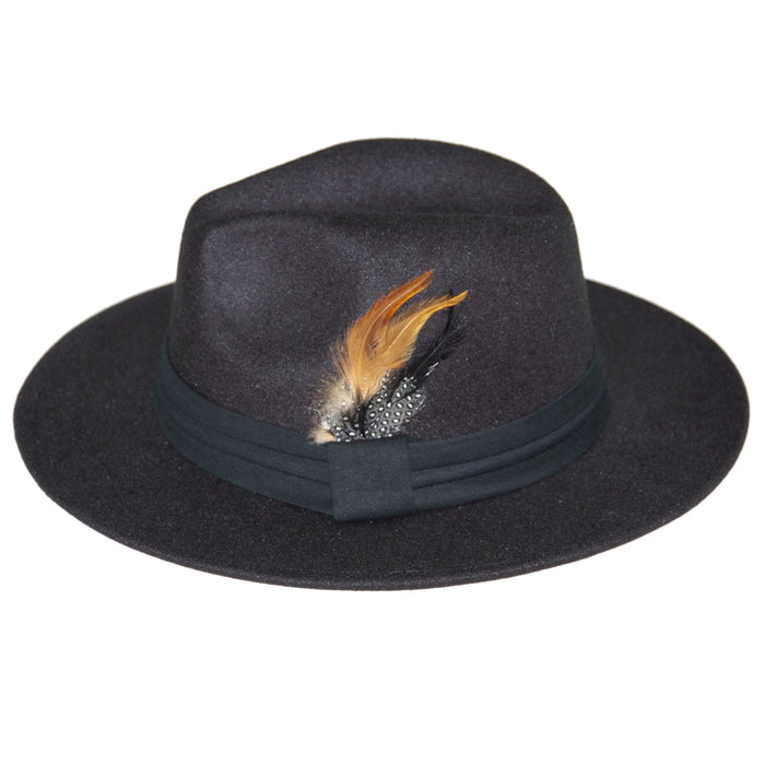 Men's Black Wide Brim Fedora With Feather Plume
