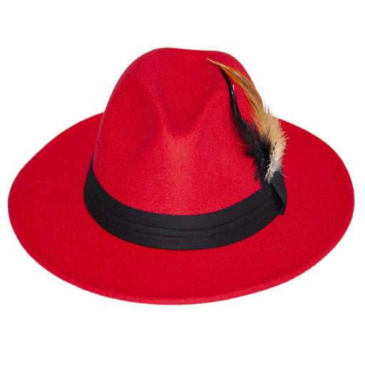 Men's Red Wide Brim Fedora With Feather Plume