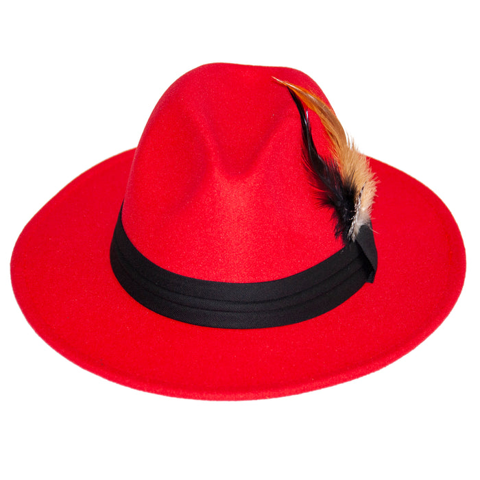 Wide Brim Red Fedora with Feather Plume