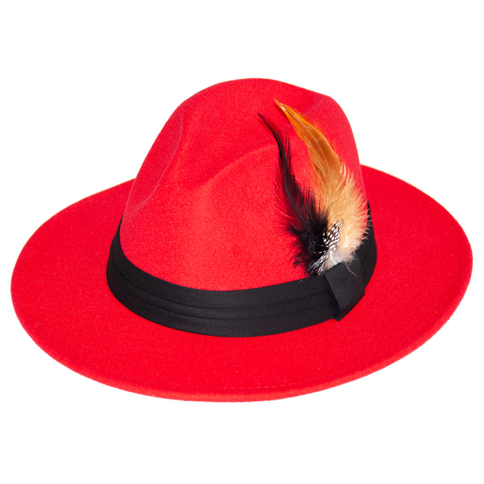 Wide Brim Red Fedora with Feather Plume L / Red