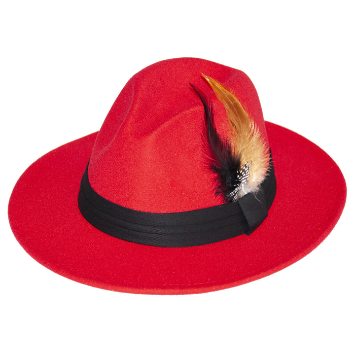 Men's Red Wide Brim Fedora With Feather Plume