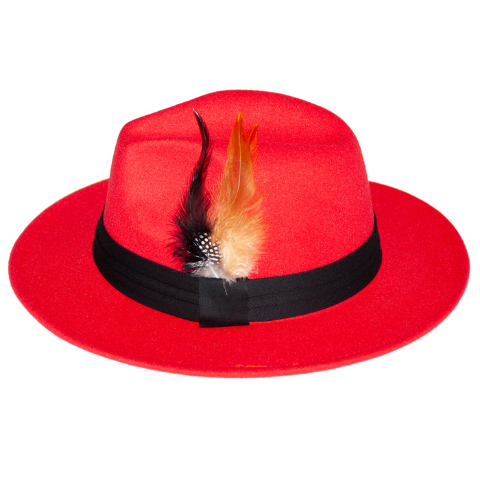 Wide Brim Red Fedora with Feather Plume