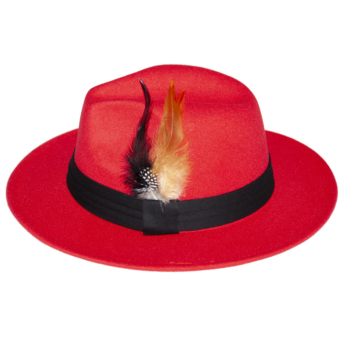 Men's Red Wide Brim Fedora With Feather Plume