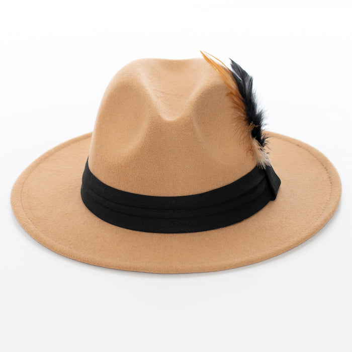Wide Brim Camel Fedora with Feather Plume