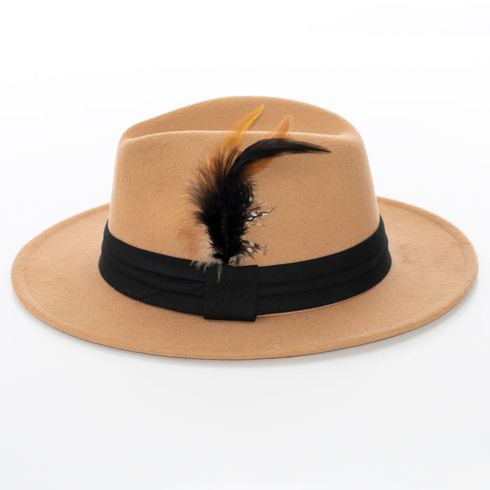 Wide Brim Camel Fedora with Feather Plume