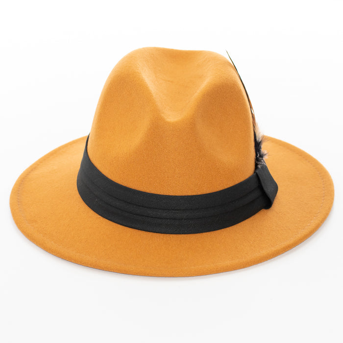 Wide Brim Caramel Fedora with Feather Plume