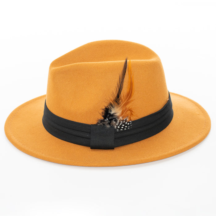 Wide Brim Caramel Fedora with Feather Plume