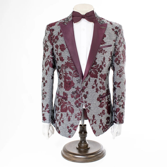 Gray And Burgundy Floral Jacket with Peak Lapels
