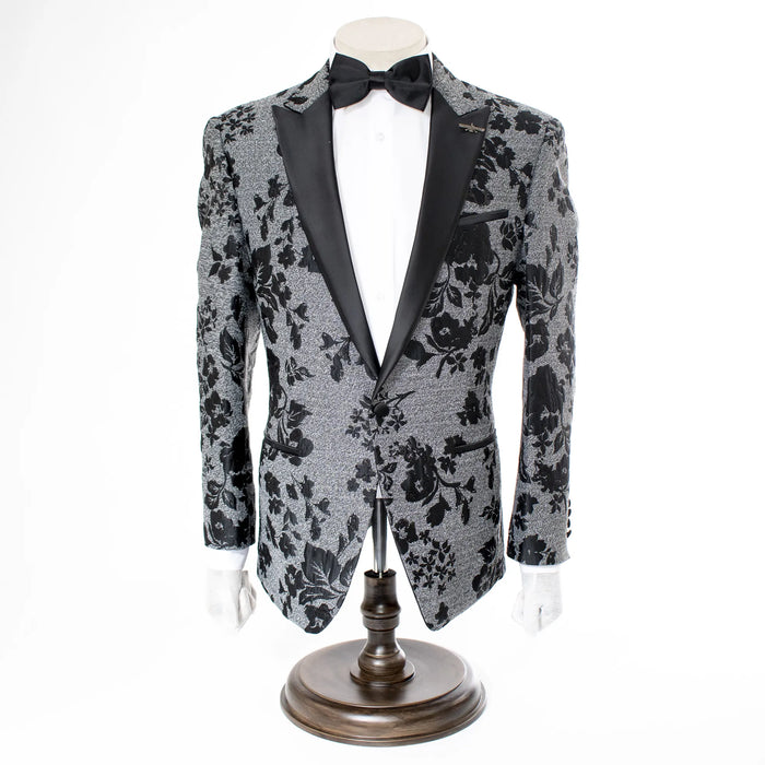 Gray And Black Floral Jacket With Peak Lapels
