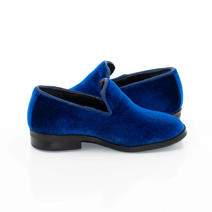 Kid's Blue Velvet Dress Loafer Quarter And Heel
