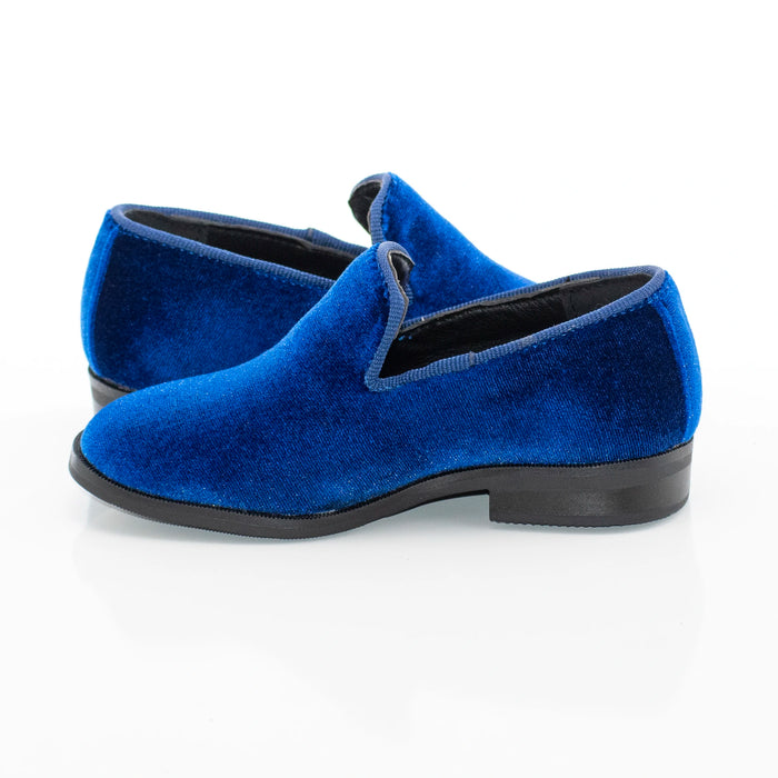 Kid's Blue Velvet Dress Loafer Quarter And Heel