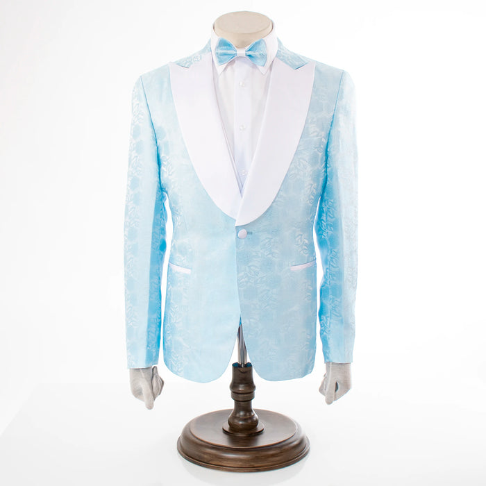 Men's Baby Blue And White Damask Floral 3-Piece Tailored-Fit Tuxedo With Peak Lapels And Vest