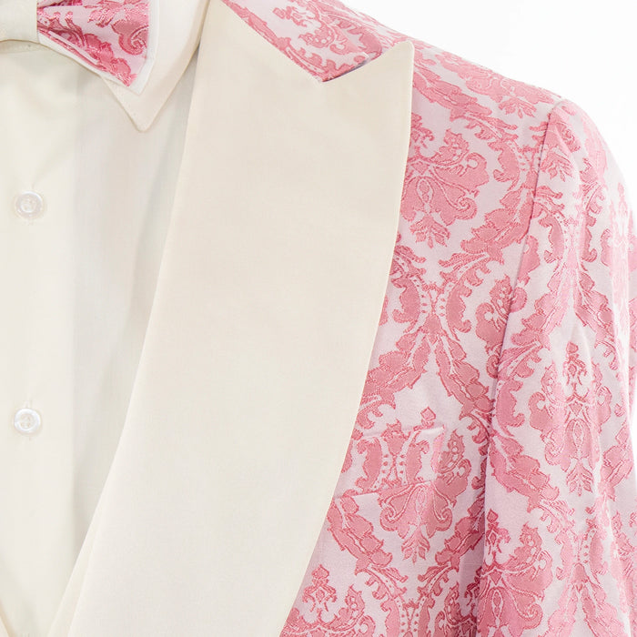 Men's Pink And White Damask Floral 3-Piece Tailored-Fit Tuxedo With Peak Lapels And Vest