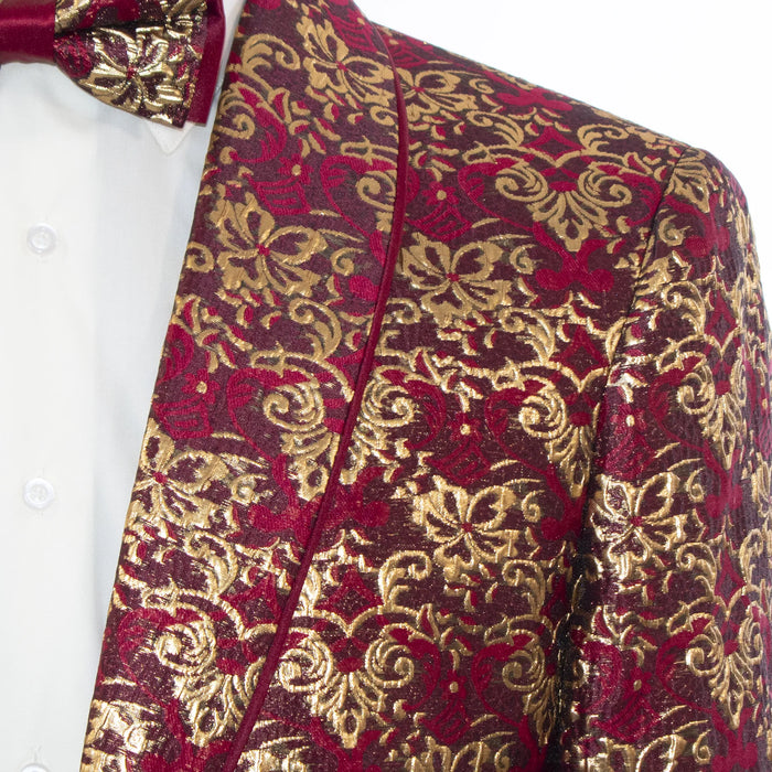 Burgundy Baroque Men's Embroidered Modern-Fit Jacket - Shawl Lapel