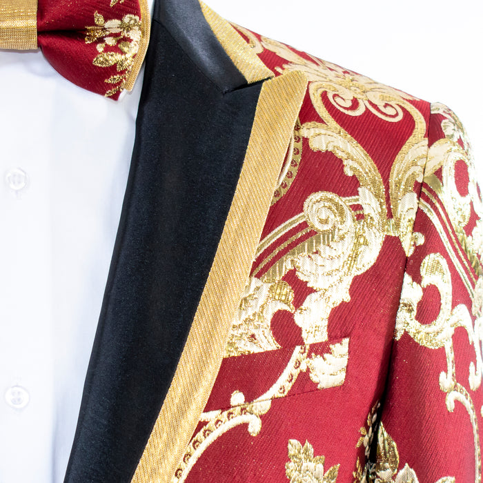 Red And Gold Damask Slim-Fit Jacket With Peak Lapels