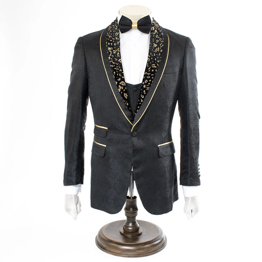Men's Black And Gold Floral Slim-Fit Tuxedo With Gold Trim