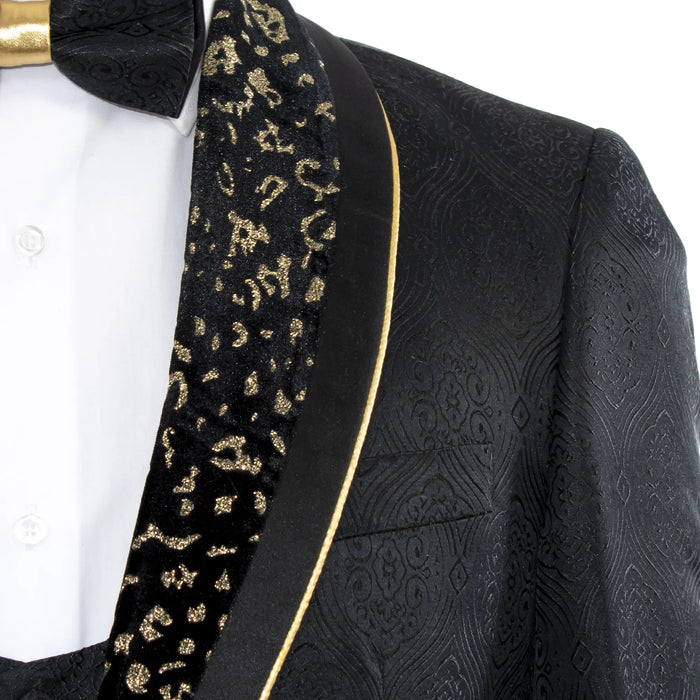 Men's Black And Gold Floral Slim-Fit Tuxedo With Gold Trim