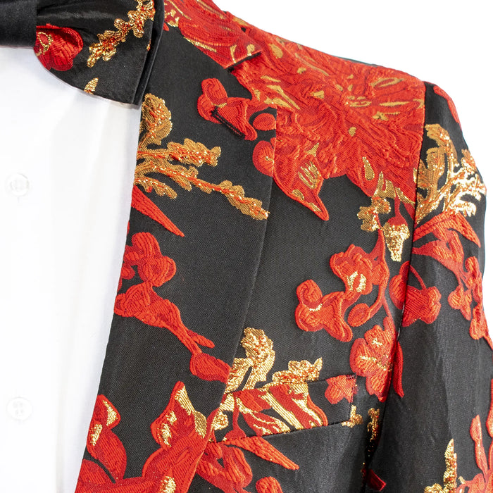 Men's Red And Gold Damask 2-Piece Slim-Fit Suit Notch Lapel