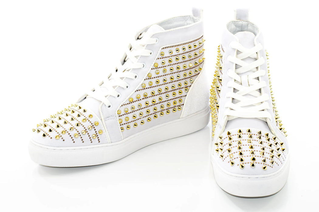 Men's White And Gold Spiked High-Top Sneakers