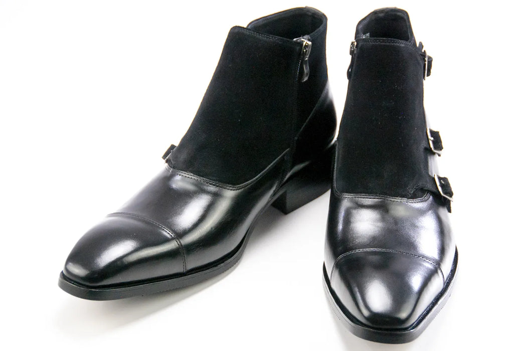Men's Black Leather And Suede Monk Strap Dress Boots