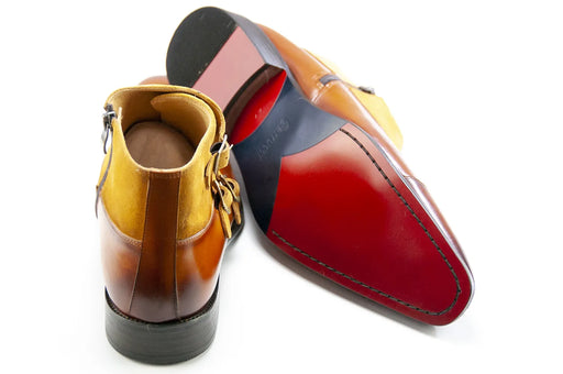 Men's Cognac Yellow Leather And Suede Monk Strap Dress Boots