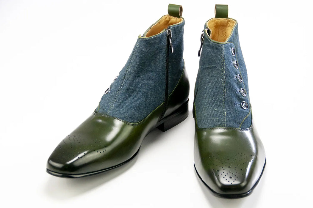 Olive Leather and Denim Zip Spat Boots