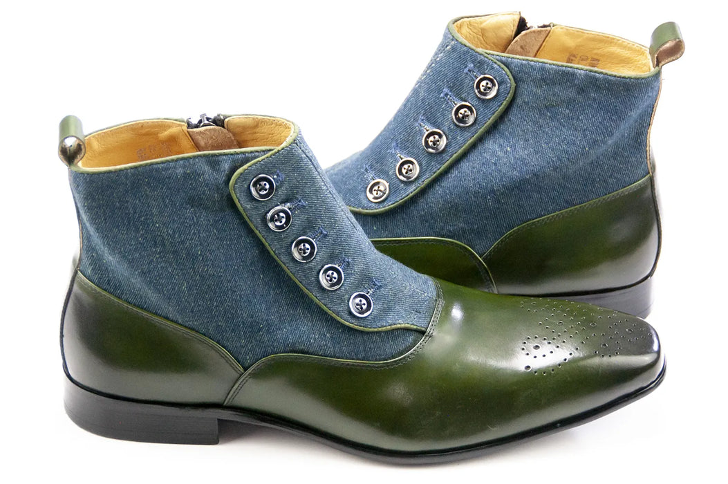 Olive Leather and Denim Zip Spat Boots