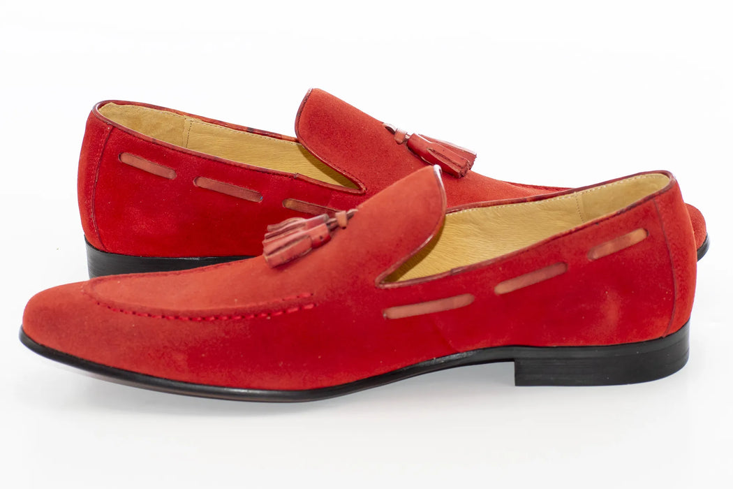 Red Suede Loafer With Matching Tassels