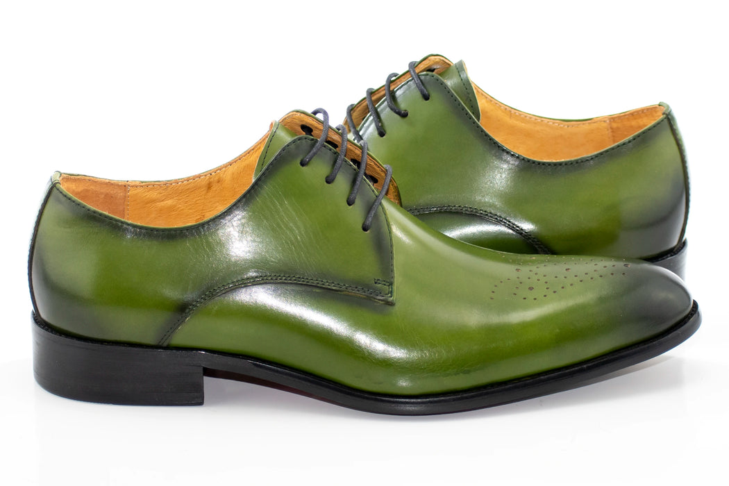 Men's Olive Green Vintage Oxford-Lace Dress Shoe With Medallion Toe