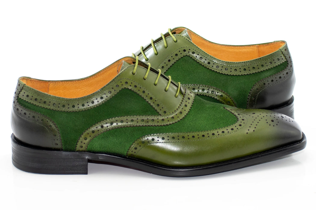 Men's Olive Green Vintage Oxford-Lace Dress Shoe With Medallion Toe