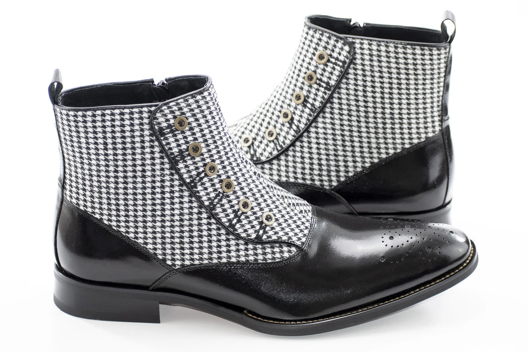 Black Leather And Tweed Spat Boot - Quarter, Heel