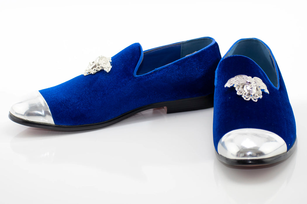 Men's Royal Blue Velvet Smoking Loafer With Silver Toe