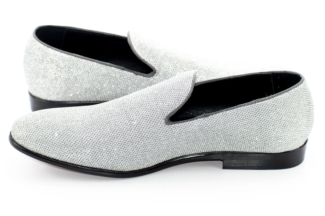 Men's Silver Glitter Sparkling Dress Loafer With Red Sole