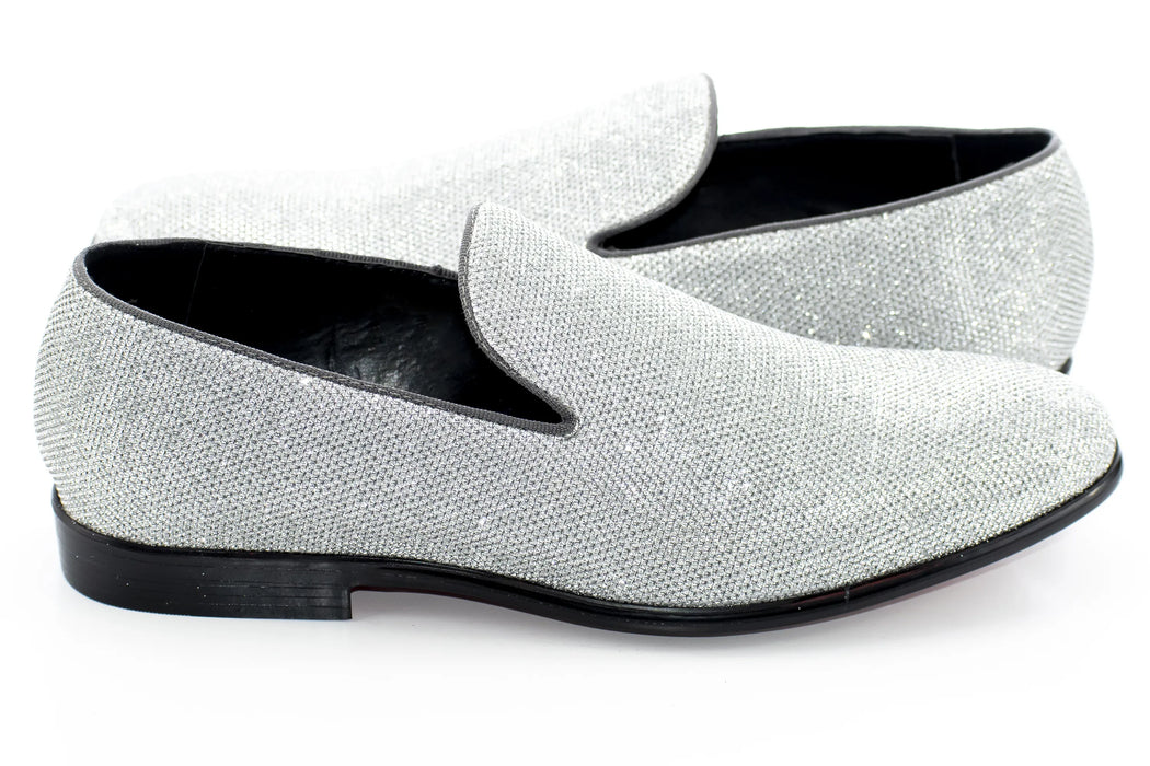 Men's Silver Glitter Sparkling Dress Loafer With Red Sole