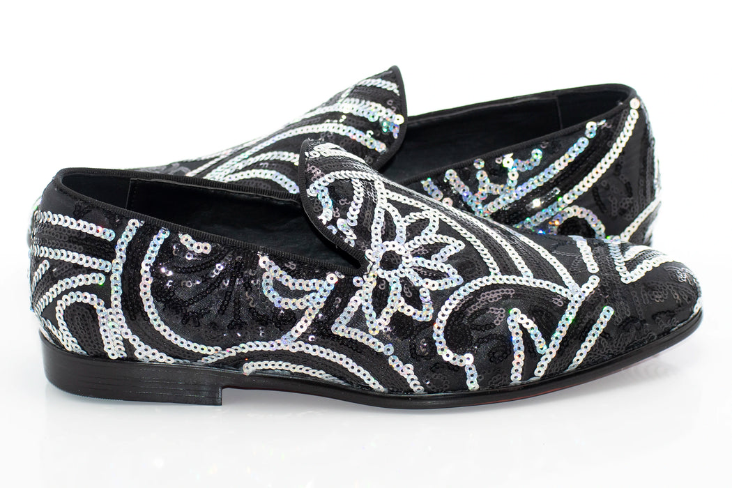 Black And Silver Sequined Loafer - Quarter, Heel