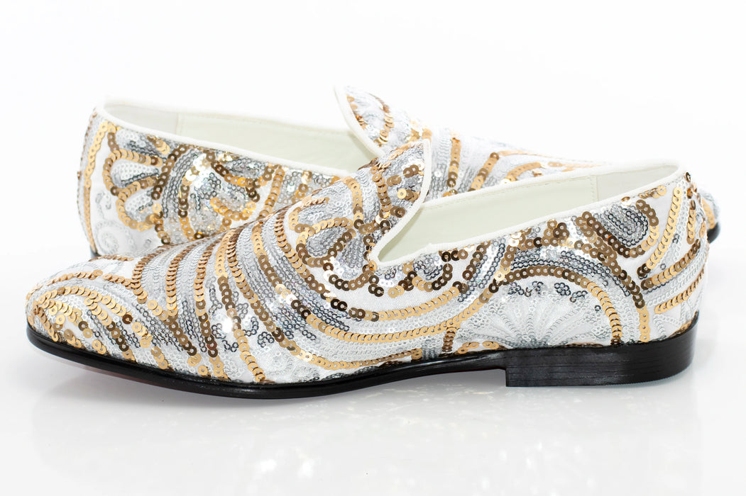 White And Gold Sequined Loafer - Quarter, Heel