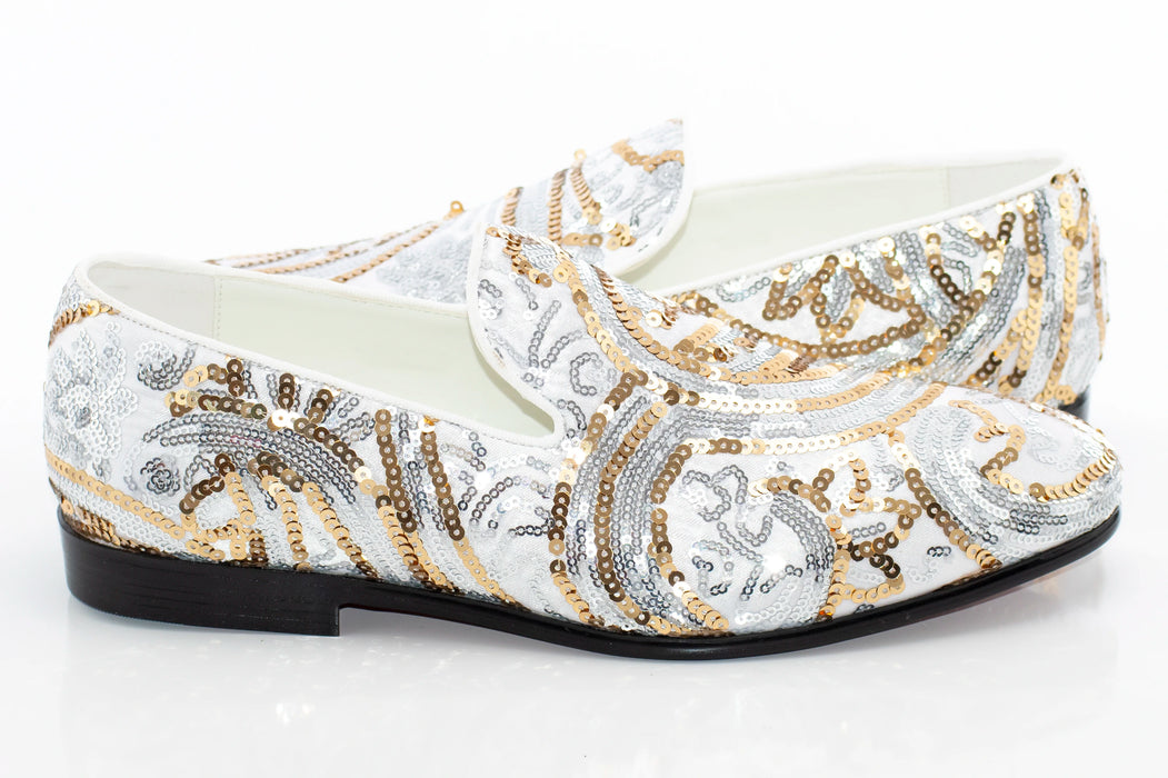 White And Gold Sequined Loafer - Quarter, Heel