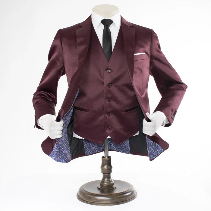 Burgundy Satin 3-Piece Tailored-Fit Suit