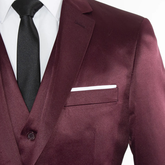 Burgundy Satin 3-Piece Tailored-Fit Suit