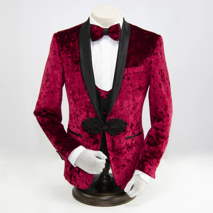 Red Velvet 3-Piece Slim-Fit Tuxedo with Frog Closure