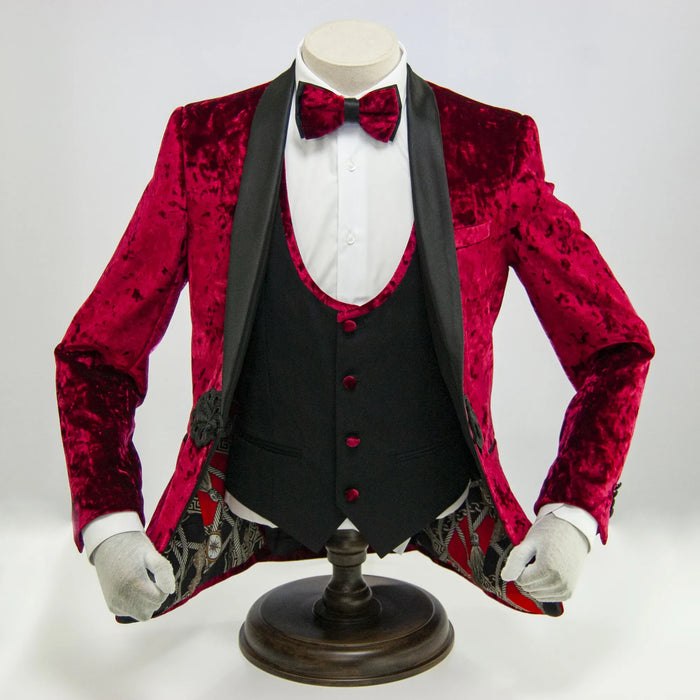 Red Velvet 3-Piece Slim-Fit Tuxedo with Frog Closure