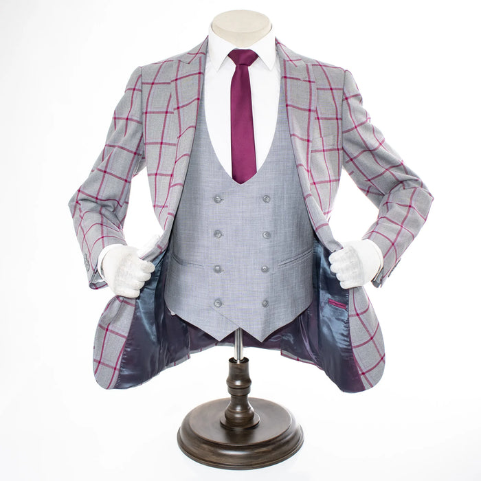 Gray And Fuchsia Plaid 3-Piece Slim-Fit Suit