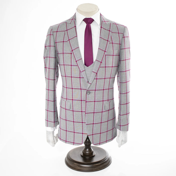 Gray And Fuchsia Plaid 3-Piece Slim-Fit Suit