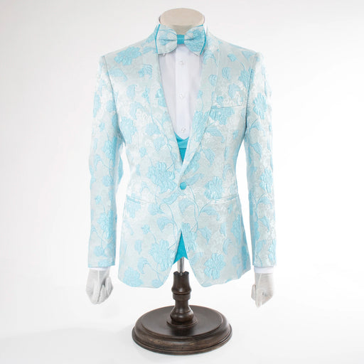 Men's Sky Blue Floral Motif 3-Piece Slim-Fit Suit