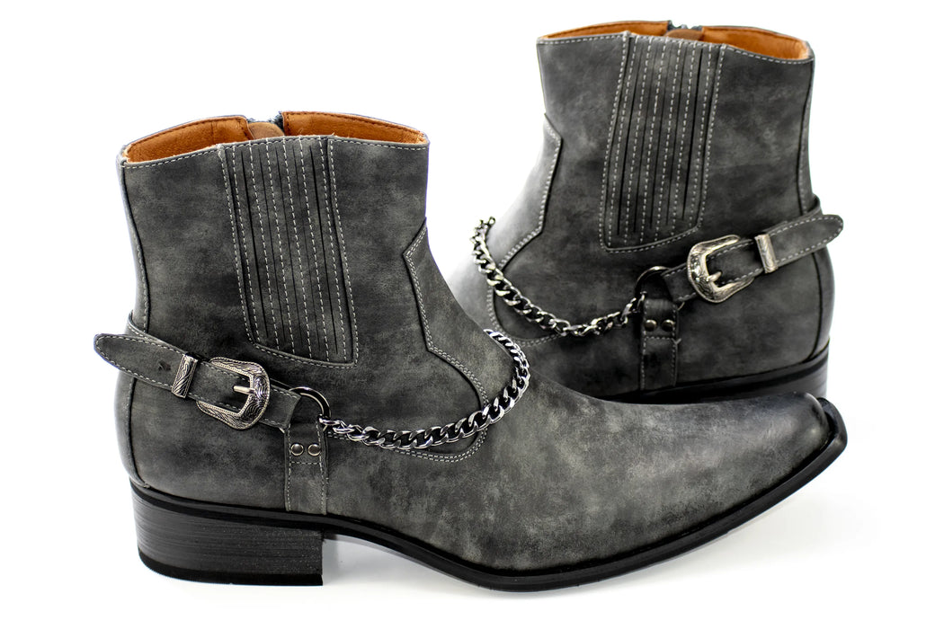 Charcoal Buckled Western Style Boot with Chain